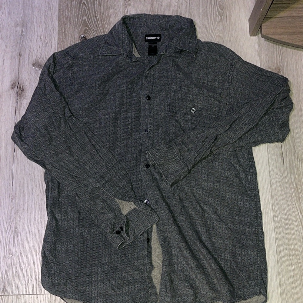 Grey button up medium size with super cool pattern and small hole